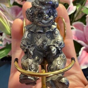 Vintage Pewter Clown Sitting on Gold Tricycle in Silver Figurine